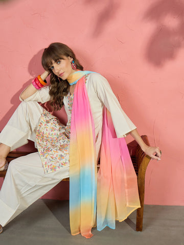 Cotton Off White Embroidered Straight Kurti with Farshi Salwar & Ombre Dupatta