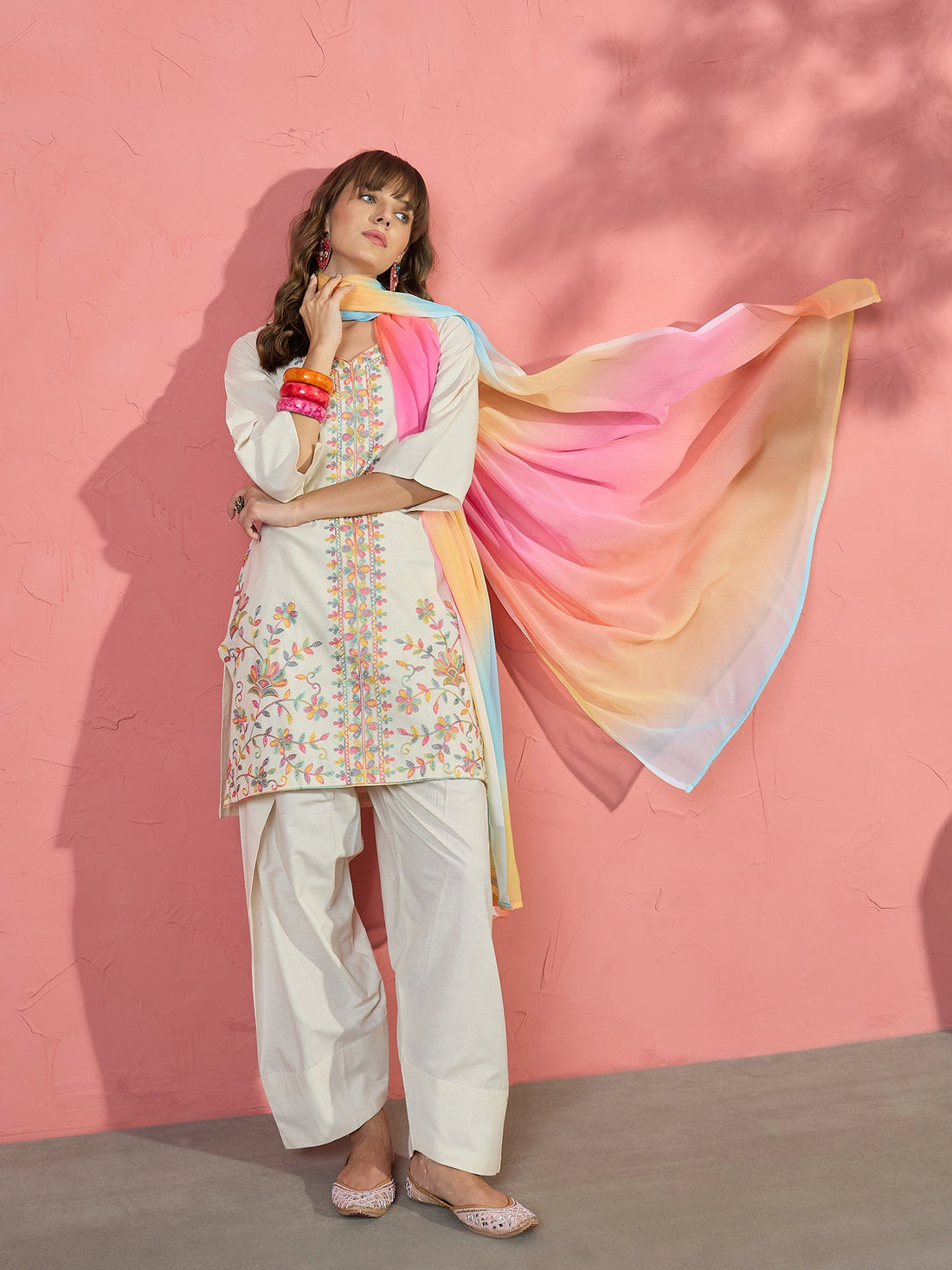 Cotton Off White Embroidered Straight Kurti with Farshi Salwar & Ombre Dupatta