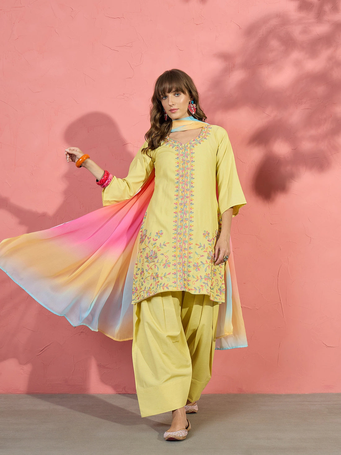 Cotton Yellow Embroidered Straight Kurti with Farshi Salwar & Ombre Dupatta