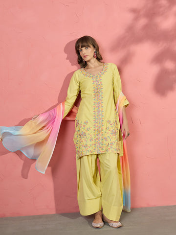 Cotton Yellow Embroidered Straight Kurti with Farshi Salwar & Ombre Dupatta