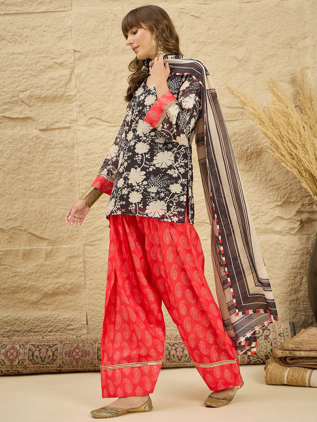 Black Linen Floral Print Kurta Farshi Salwar Set with Dupatta