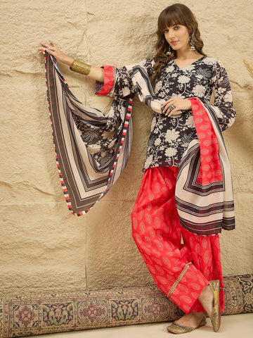 Black Linen Floral Print Kurta Farshi Salwar Set with Dupatta