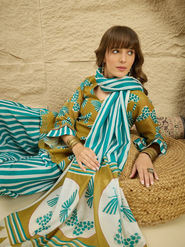 Green Linen Printed Kurta Farshi Salwar Set with Dupatta