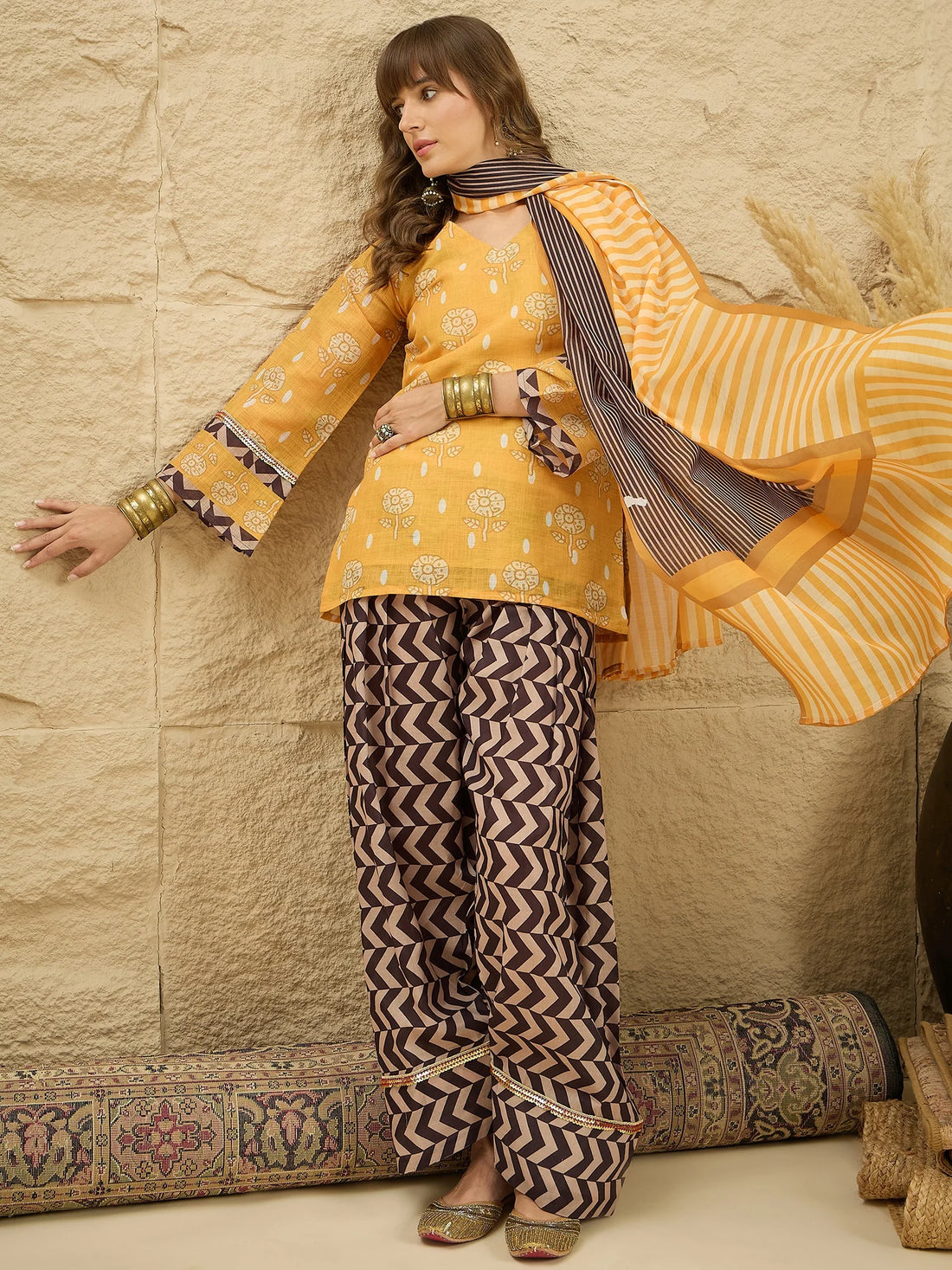 Yellow Linen Floral Print Kurta Farshi Salwar Set with Dupatta