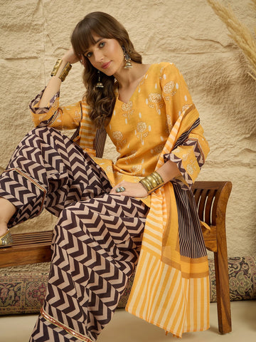 Yellow Linen Floral Print Kurta Farshi Salwar Set with Dupatta