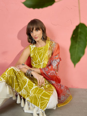 Green Viscose Rayon Printed Sleeveless Kurta Palazzo Set with Dupatta