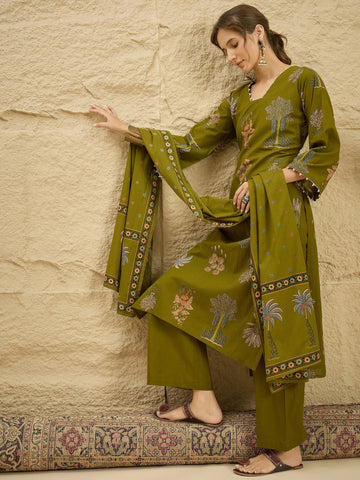 Green Pure Cotton Floral Print Kurta Palazzo Set with Dupatta