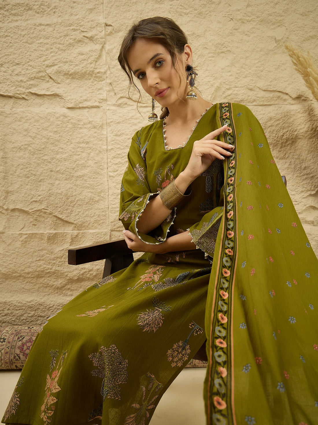 Green Pure Cotton Floral Print Kurta Palazzo Set with Dupatta