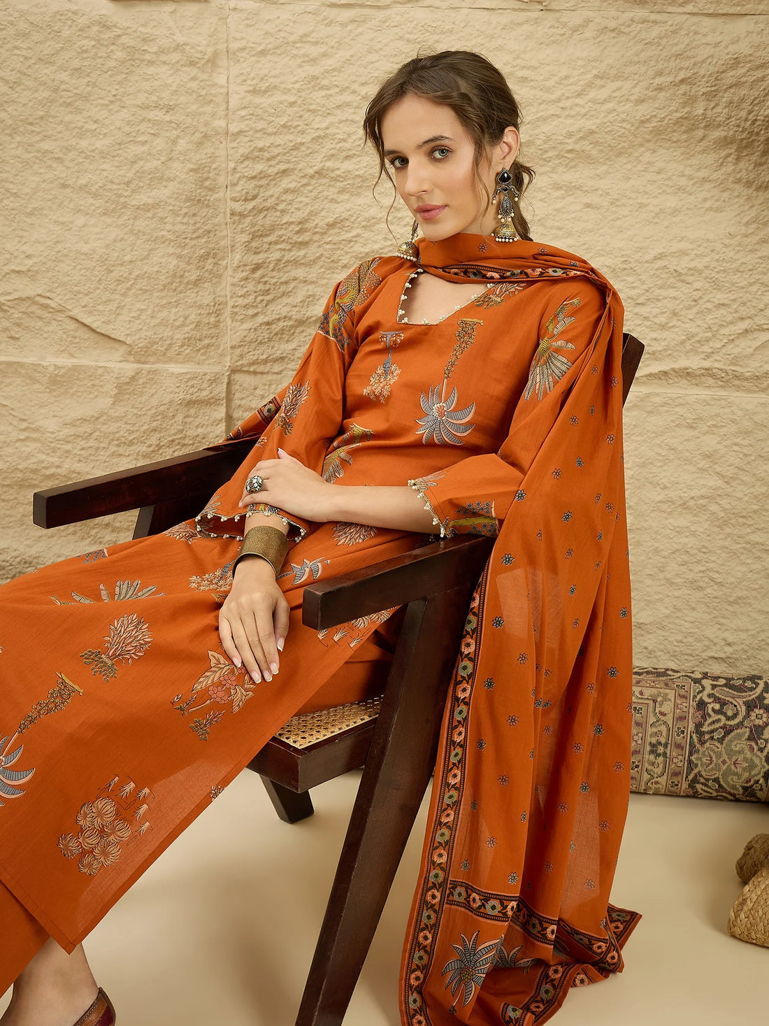 Rust Pure Cotton Floral Print Kurta Palazzo Set with Dupatta