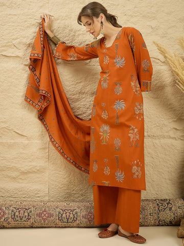 Rust Pure Cotton Floral Print Kurta Palazzo Set with Dupatta