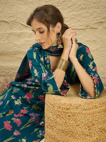 Teal Pure Cotton Floral Print Kurta Palazzo Set with Dupatta