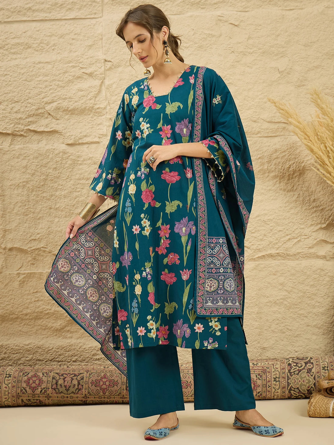 Teal Pure Cotton Floral Print Kurta Palazzo Set with Dupatta