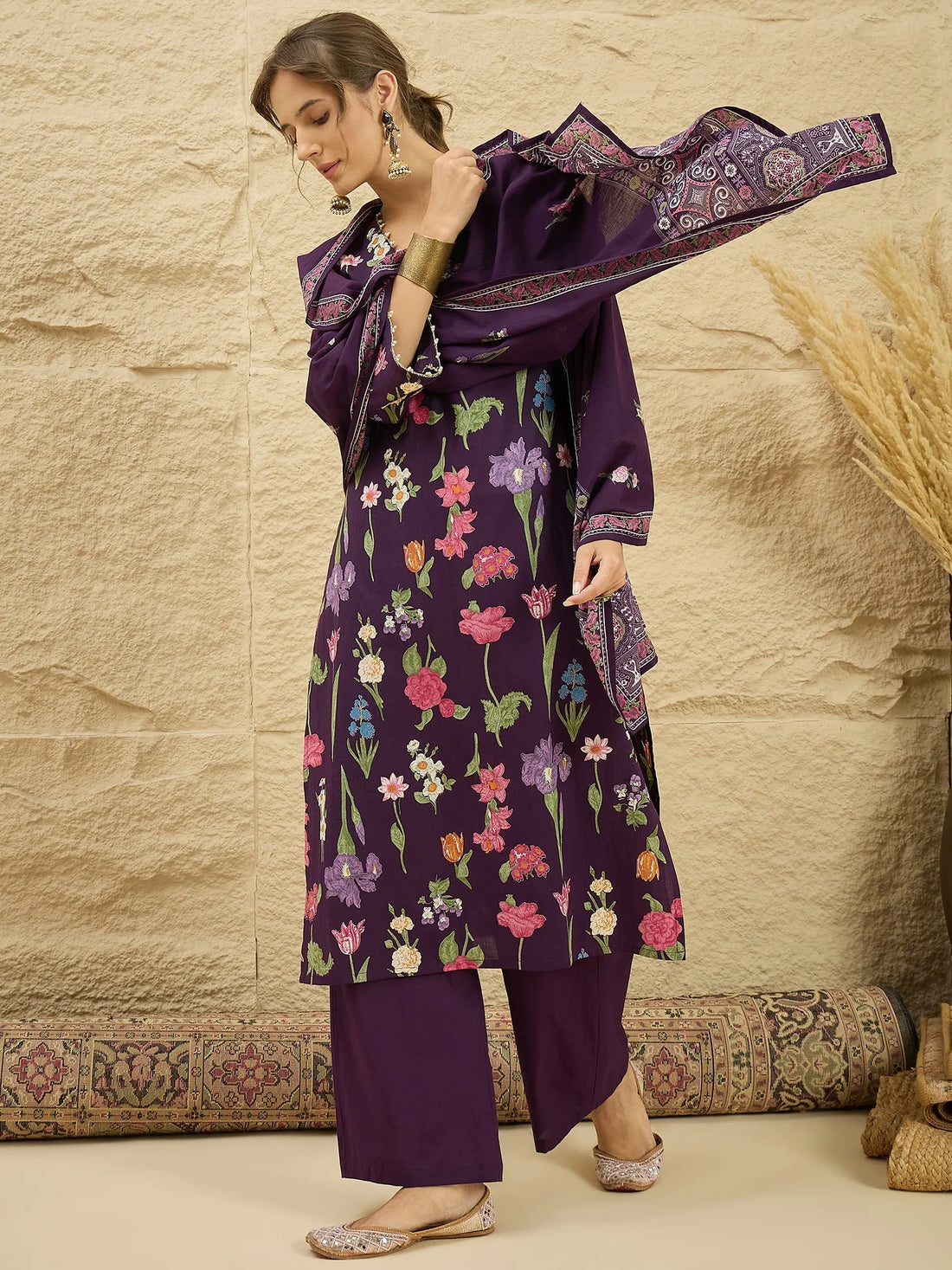 Wine Pure Cotton Floral Print Kurta Palazzo Set with Dupatta