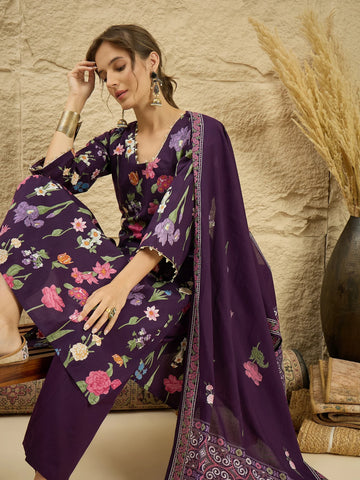 Wine Pure Cotton Floral Print Kurta Palazzo Set with Dupatta