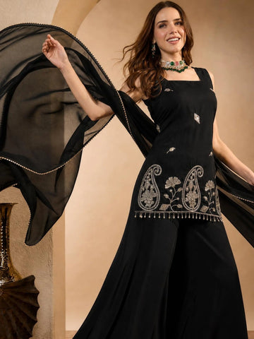 Black Cotton Silk Embroidered Straight Sleeveless Kurti with Umbrella Sharara and Dupatta