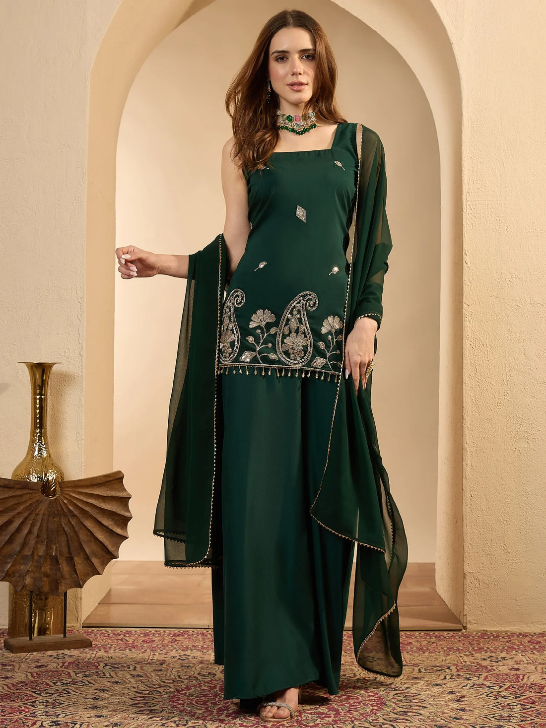Green Cotton Silk Embroidered Straight Sleeveless Kurti with Umbrella Sharara and Dupatta