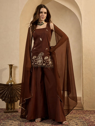 Rust Cotton Silk Embroidered Straight Sleeveless Kurti with Umbrella Sharara and Dupatta