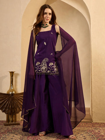 Wine Cotton Silk Embroidered Straight Sleeveless Kurti with Umbrella Sharara and Dupatta