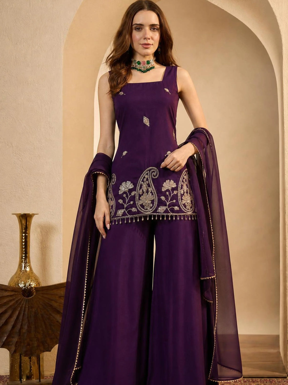 Wine Cotton Silk Embroidered Straight Sleeveless Kurti with Umbrella Sharara and Dupatta