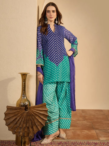 Blue Linen Leheriya print Straight Kurta with Farshi Salwar And Dupatta