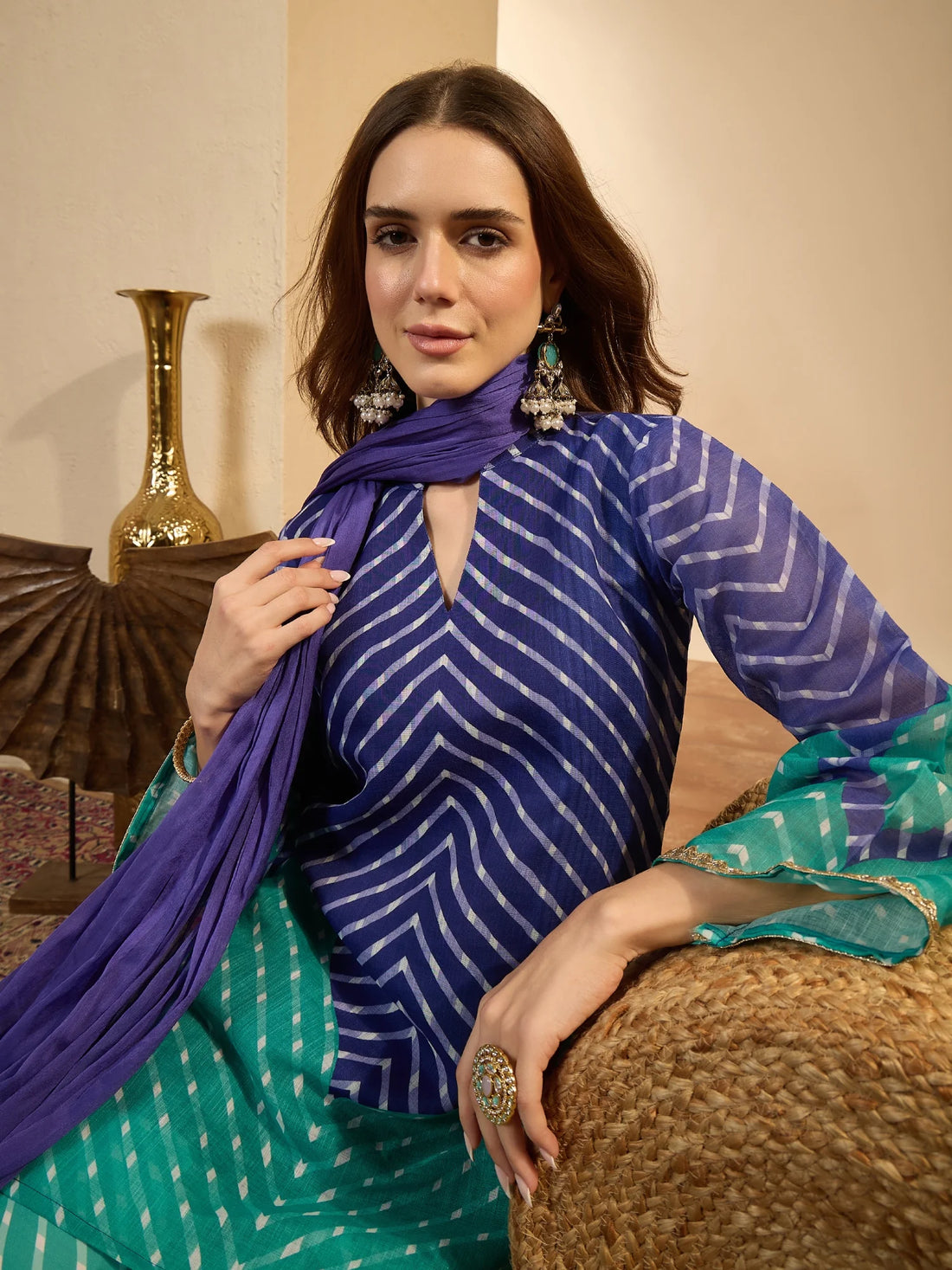Blue Linen Leheriya print Straight Kurta with Farshi Salwar And Dupatta
