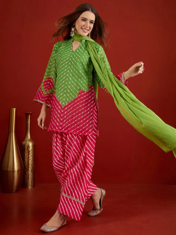 Green Linen Leheriya print Straight Kurta with Farshi Salwar And Dupatta