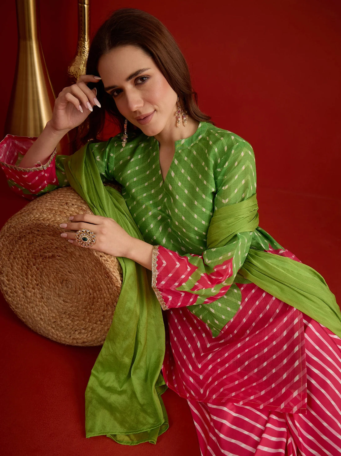 Green Linen Leheriya print Straight Kurta with Farshi Salwar And Dupatta