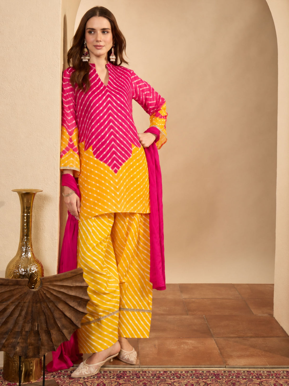 Yelllow Linen Leheriya print Straight Kurta with Farshi Salwar And Dupatta