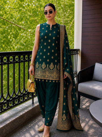 Green Banarasi Silk Blend Straight Kurta Farshi Salwar Set with Dupatta