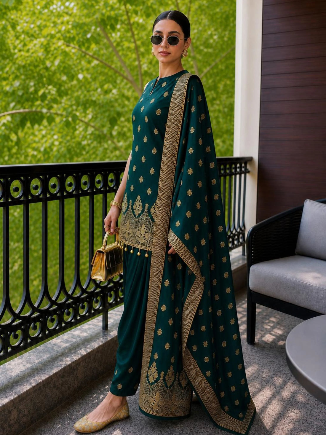 Green Banarasi Silk Blend Straight Kurta Farshi Salwar Set with Dupatta