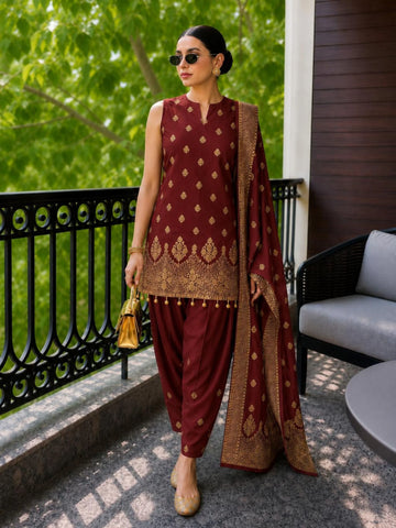 Maroon Banarasi Silk Blend Straight Kurta Farshi Salwar Set with Dupatta