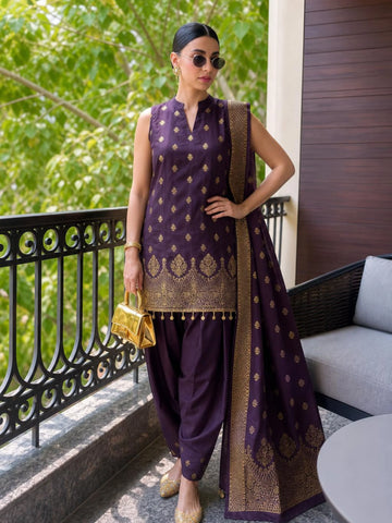 Wine Banarasi Silk Blend Straight Kurta Farshi Salwar Set with Dupatta