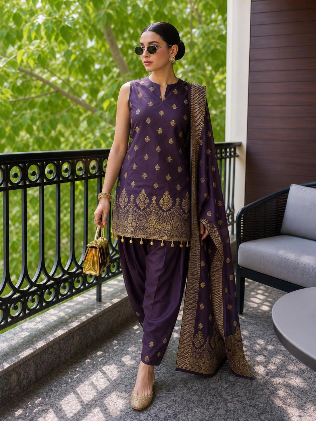 Wine Banarasi Silk Blend Straight Kurta Farshi Salwar Set with Dupatta