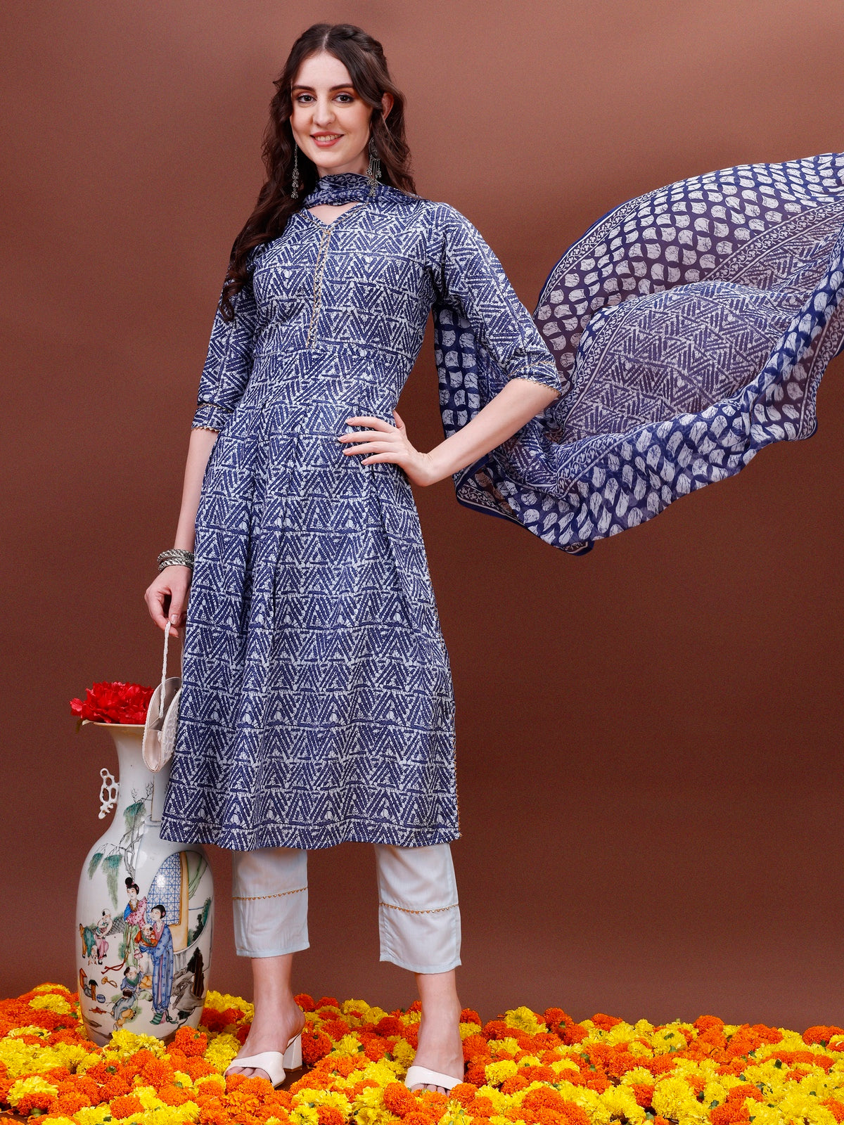 Cotton Blend Printed Naira Cut Kurta Pant and Dupatta Set