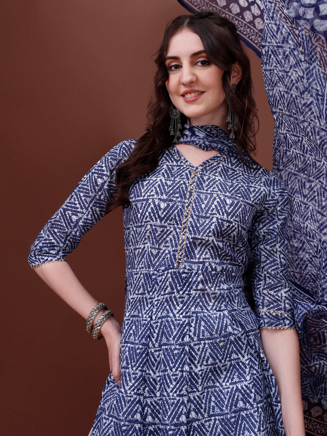 Cotton Blend Printed Naira Cut Kurta Pant and Dupatta Set