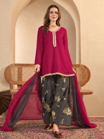 Pink Vichitra Silk A Line Kurta with Foil Printed Farshi Salwar With Dupatta