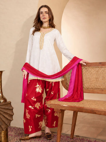White Vichitra Silk A Line Kurta with Foil Printed Farshi Salwar With Dupatta