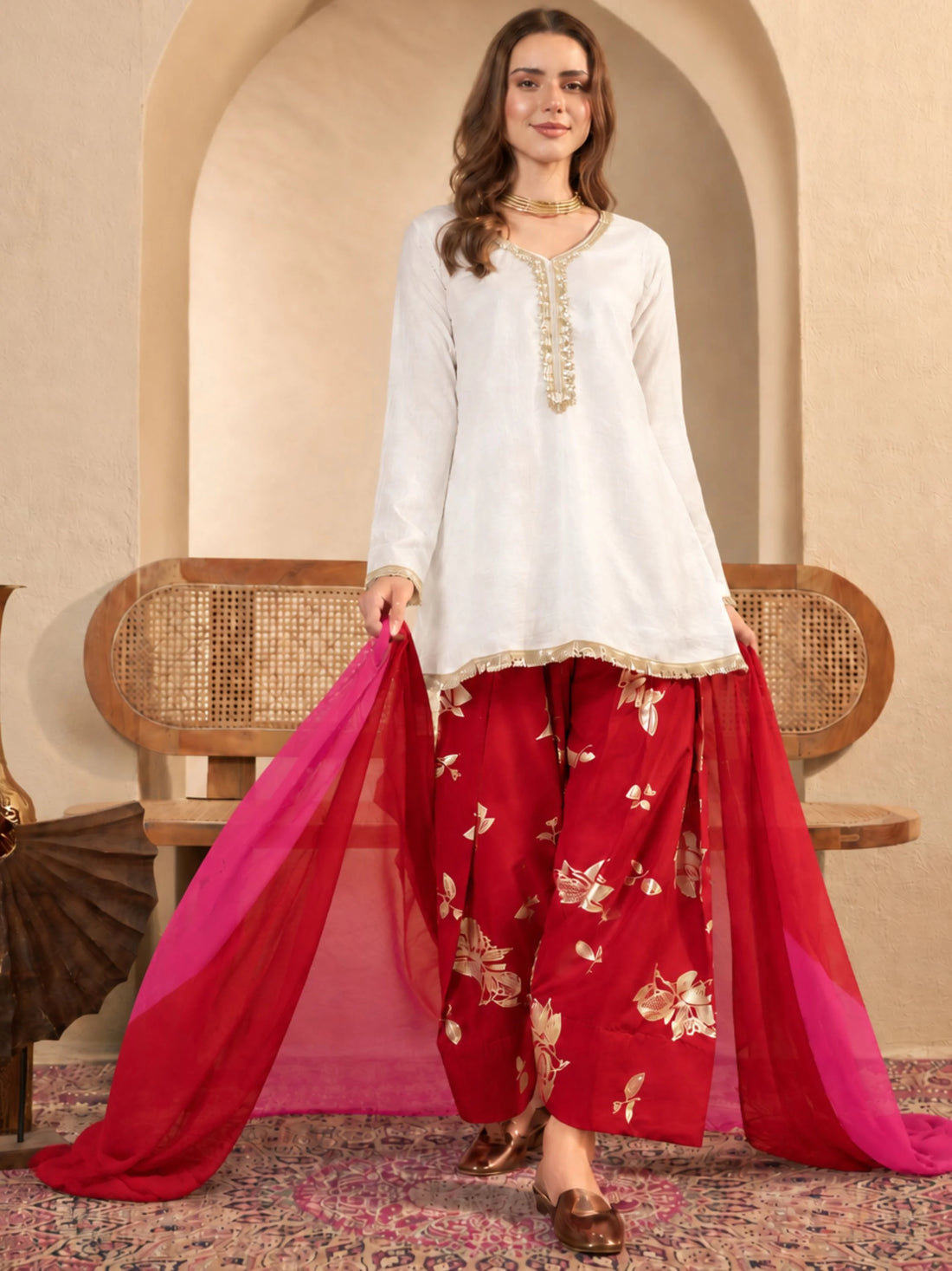 White Vichitra Silk A Line Kurta with Foil Printed Farshi Salwar With Dupatta