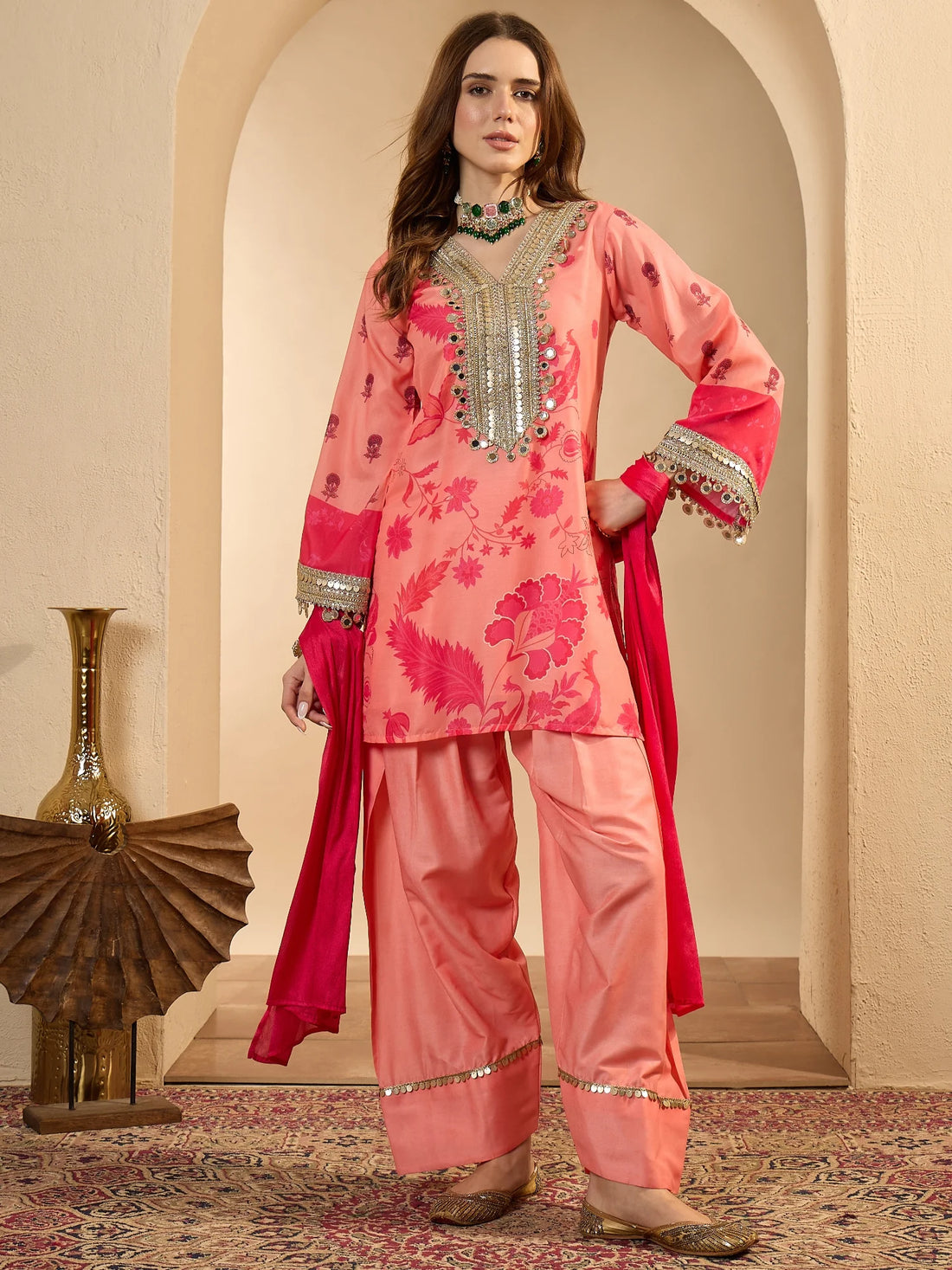 Peach Cotton Silk Floral Digital Print Mirror Work Straight Kurti Farshi Salwar With Dupatta