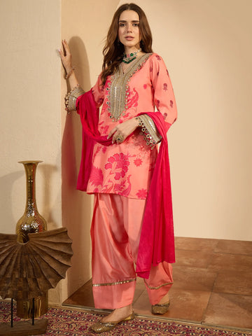 Peach Cotton Silk Floral Digital Print Mirror Work Straight Kurti Farshi Salwar With Dupatta