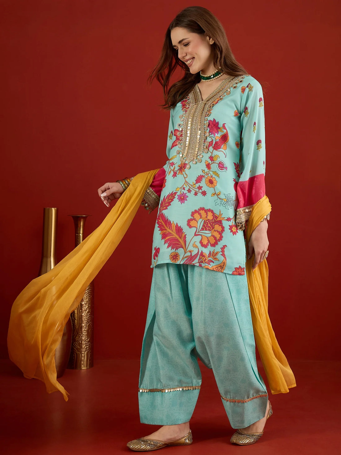 Sky Cotton Silk Floral Digital Print Mirror Work Straight Kurti Farshi Salwar With Dupatta