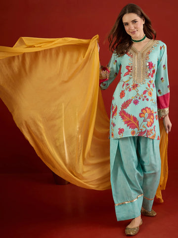 Sky Cotton Silk Floral Digital Print Mirror Work Straight Kurti Farshi Salwar With Dupatta