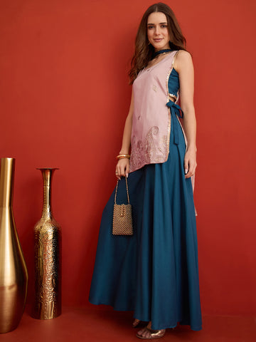 Beige Embroidered Sleeveless Kurti with Umbrella Sharara and Dupatta
