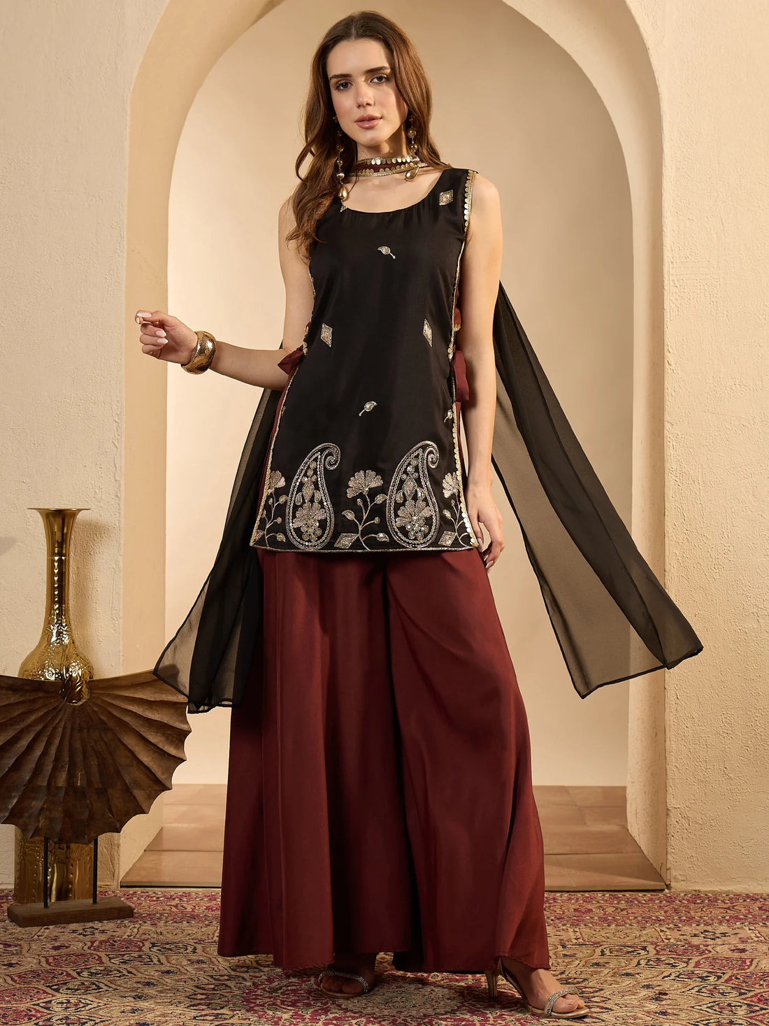 Black Embroidered Sleeveless Kurti with Umbrella Sharara and Dupatta