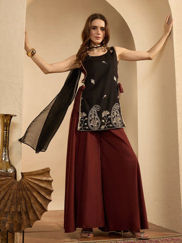 Black Embroidered Sleeveless Kurti with Umbrella Sharara and Dupatta