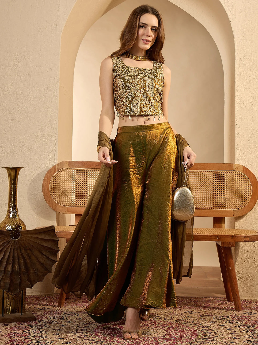 Green Art Silk Embroidered Crop Top With flared Palazzo And Dupatta