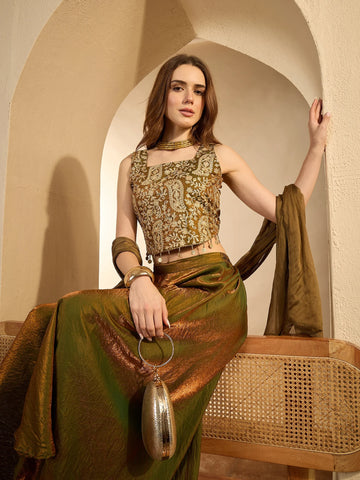 Green Art Silk Embroidered Crop Top With flared Palazzo And Dupatta