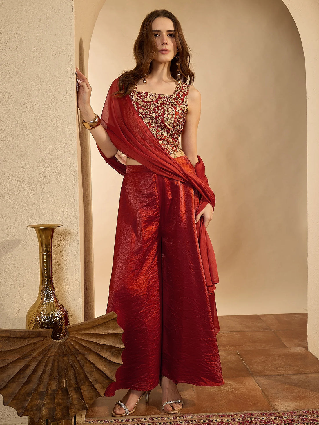Rust Art Silk Embroidered Crop Top With flared Palazzo And Dupatta