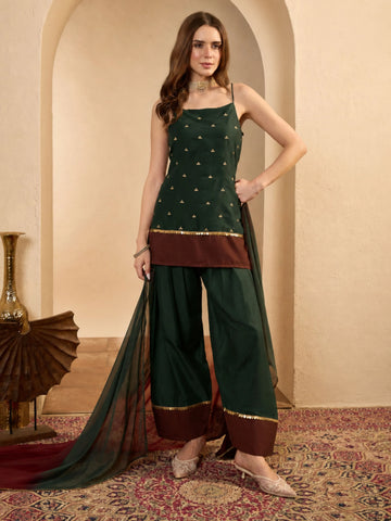 Green Cotton Silk Embroidered Straight Streepy Kurti Farshi Salwar With Dupatta | Navratri wear