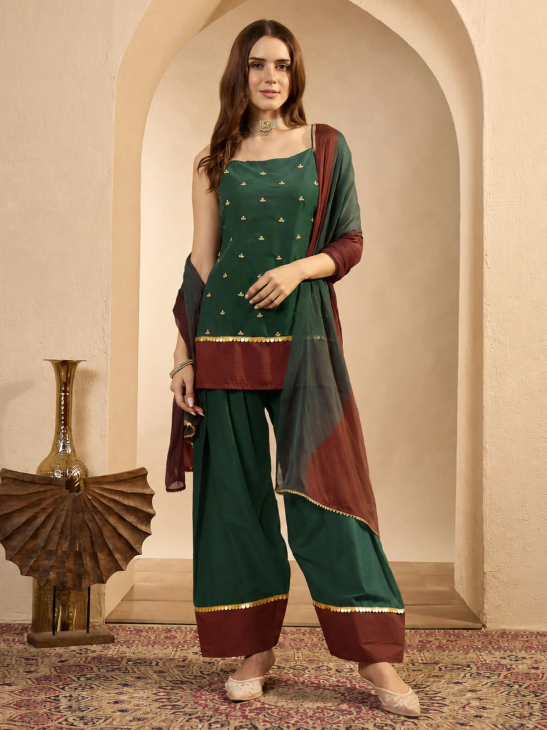Green Cotton Silk Embroidered Straight Streepy Kurti Farshi Salwar With Dupatta | Navratri wear